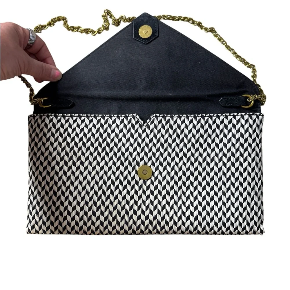 J Crew Black White Woven Envelope Clutch Gold‎ Chain